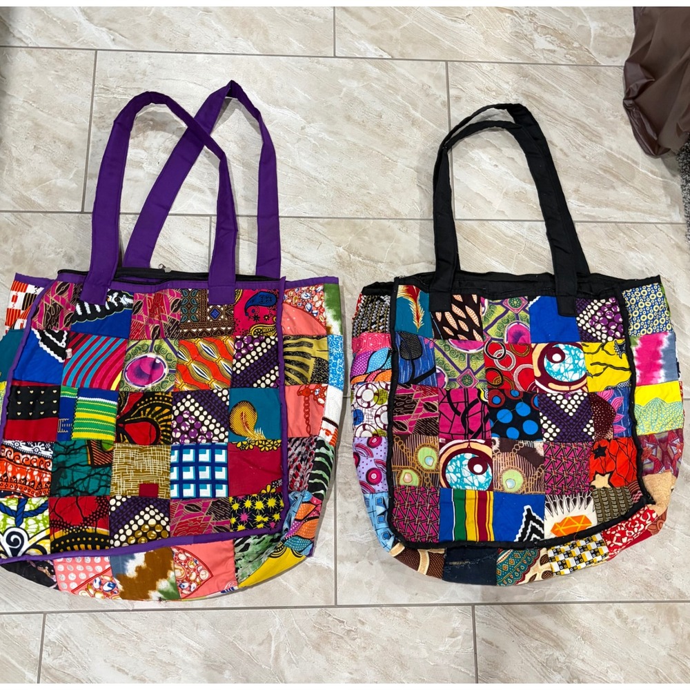 Vintage Handmade African Colorful Patchwork Boho Large Shoulder Bags Bundle of 2 - Picture 2 of 9